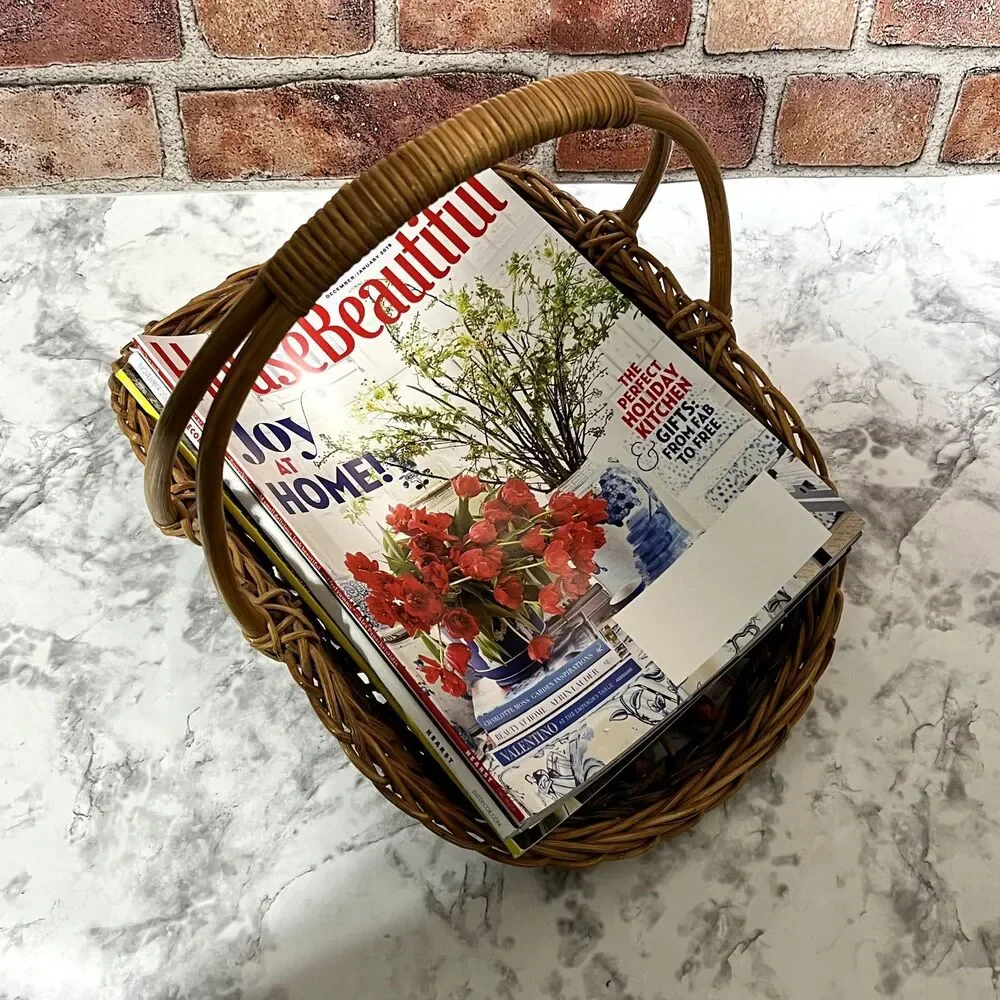 Vintage Gathering Basket With Wooden Beads | Wicker Magazine RacK | Towel Basket